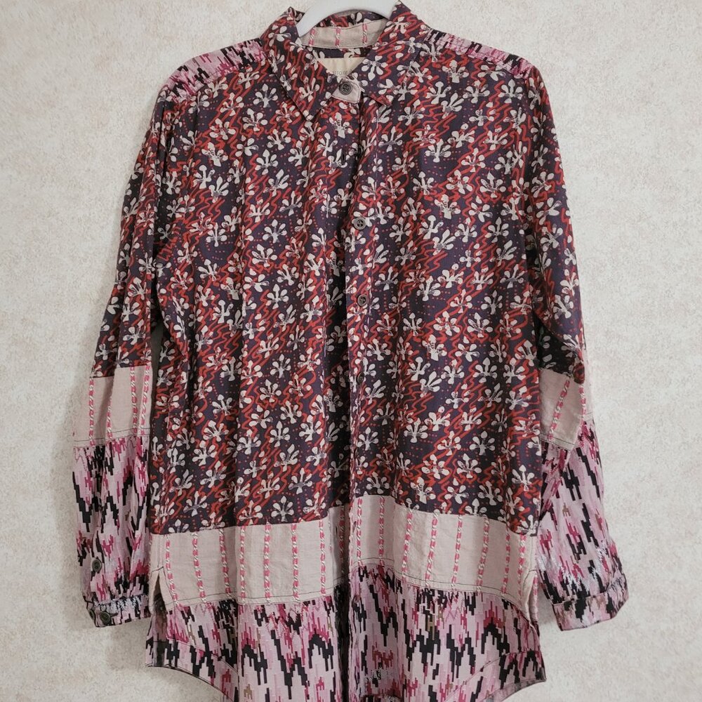 Patchwork BoHo Womens Pink Red Blue Territory Ahead Shirt Long Length Size M